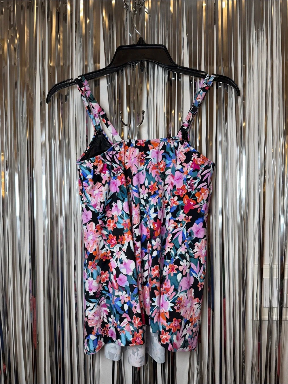 Swim Solutions Floral Tankini Top Black, Pink, Blue & Orange Blooms Size 8 NEW - Picture 4 of 6